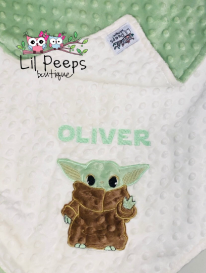 Baby Yoda- Personalized Minky Blanket - Cream and Green Minky