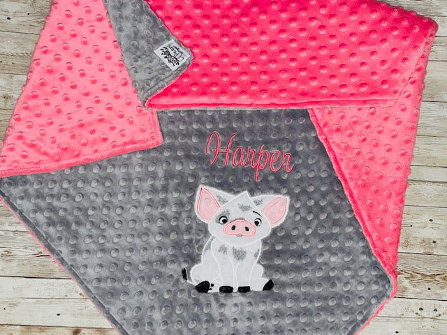 Pua from Moana Personalized Minky Baby Blanket Gray and pink Minky Lil Peep Boutique