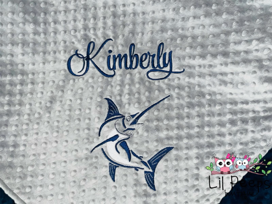 Marlin Fishing -Personalized Minky Baby Blanket -Navy Minky/ Gray Mink –  Lil Peep Boutique